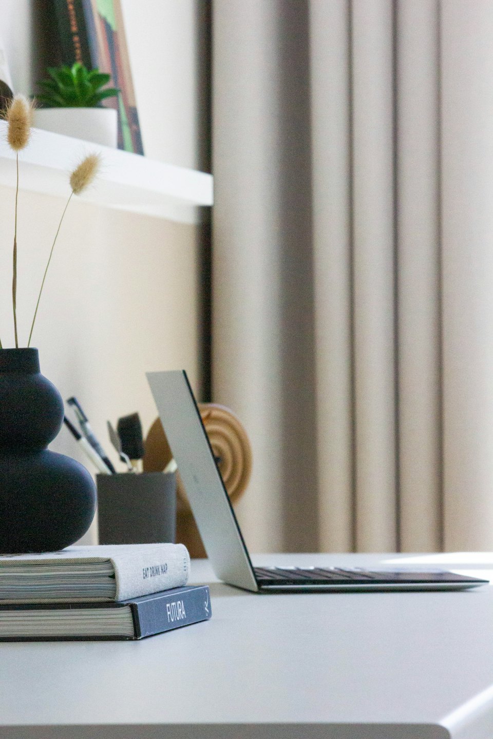 Moderne bureau met laptop, boeken en gedroogde grassen.